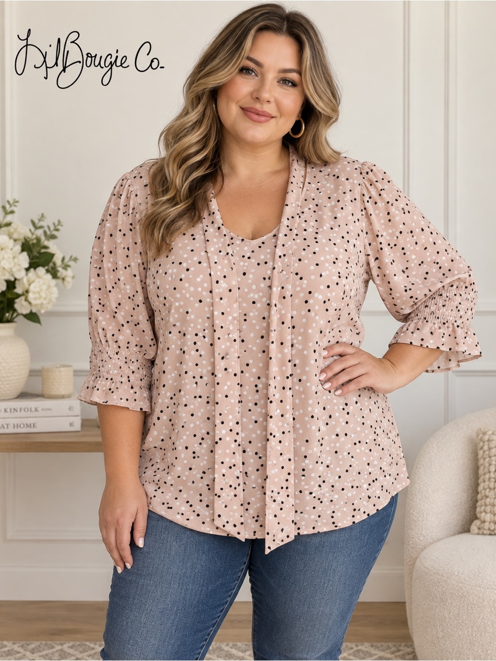 Adrianna Papell Blush Polka Dot Tie-Neck Blouse - Size XL Plus Size